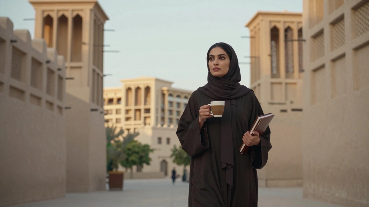 A professional woman in modest attire walking through the historic Al Fahidi District in Dubai.