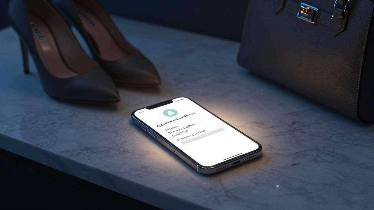 A secure smartphone screen showing a confirmed escort appointment in a high-end Dubai residence.