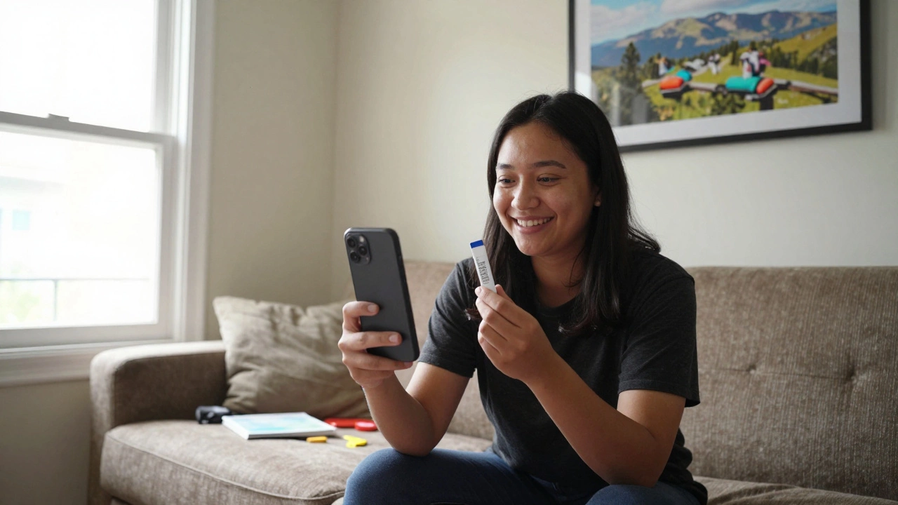 Real customer filming an honest testimonial in natural light, holding a product in their home.